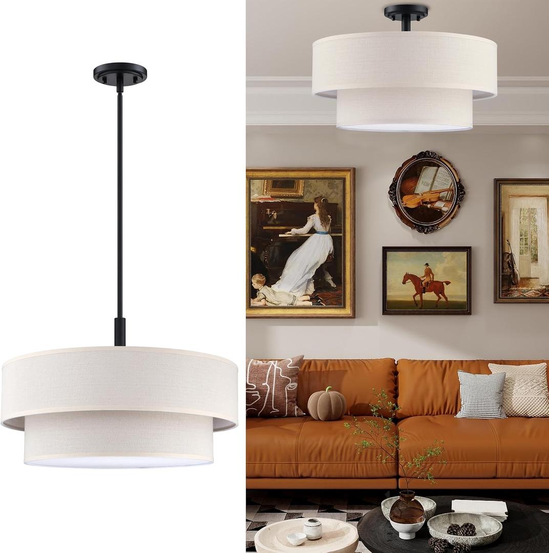 5 Light 22" Cream Fabric Shade Hanging Black Farmhouse Pendant Light, Size: 22", The Linen Fabric Chandelier light mounting base is compatible with US junction boxes hard connection
