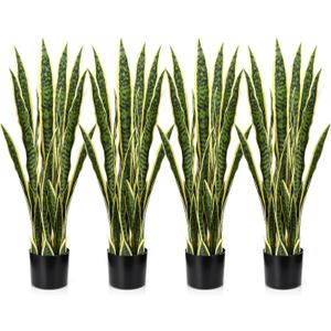 Crowye 4 Pack 3.15 Ft Tall Artificial Snake Plant Faux Sansevieria Plant Large Fake Snake Bulk in Pot for Home Office Housewarming Gift