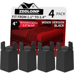 Adjustable Furniture Risers 4 Inch with Removable Screw Clamp, Fits Diameter from 1.1-2.4 Inch, Bed Table Couch Desk Risers Heavy Duty for Square Round Straight Furniture Legs(4 Pack, Black)