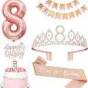 8th Birthday Decorations Set, Including 8th Tiara and Sash, Happy Birthday Banner, Cake Toppers, Number Candles and Balloons Set, Rose Gold
