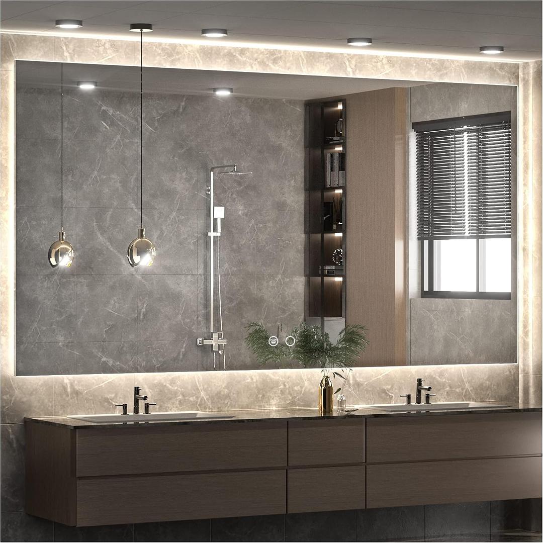 Keonjinn 60" x 36" Lighted Bathroom Mirror, Large LED Backlit Miroor, 3 Colors Lights Warm/Natural/White, HD Tempered Glass, Safe Anti-Fog, Dimmable, Oversinzed LED Bathroom Mirrors