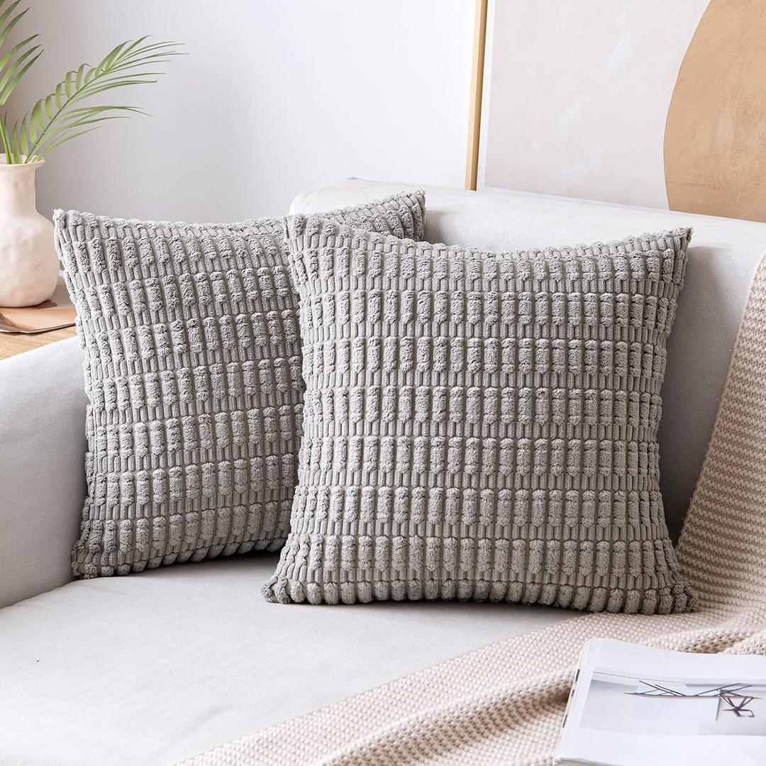 MIULEE Pack of 2 Corduroy Decorative Throw Pillow Covers 24x24 Inch Soft Boho Striped Pillow Covers Modern Farmhouse Home Decor for Sofa Living Room Couch Bed Light Grey