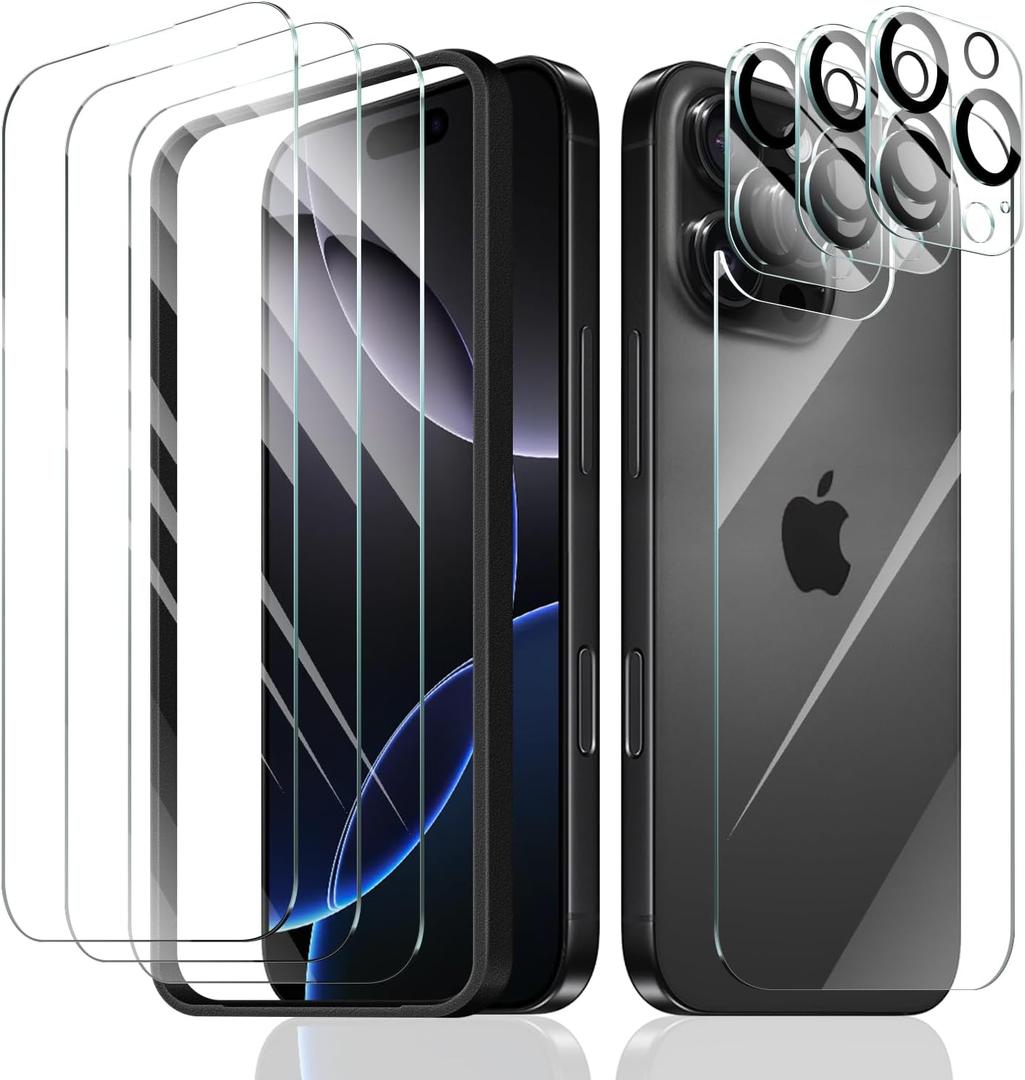 3+3+1+1-Pack, Screen Protector and Camera Lens Protector for iPhone 16 Pro Max with Back Tempered Glass Film & Installation Alignment Aid, Tempered Glass Film, HD Protection, 9H Hardness (Clear)