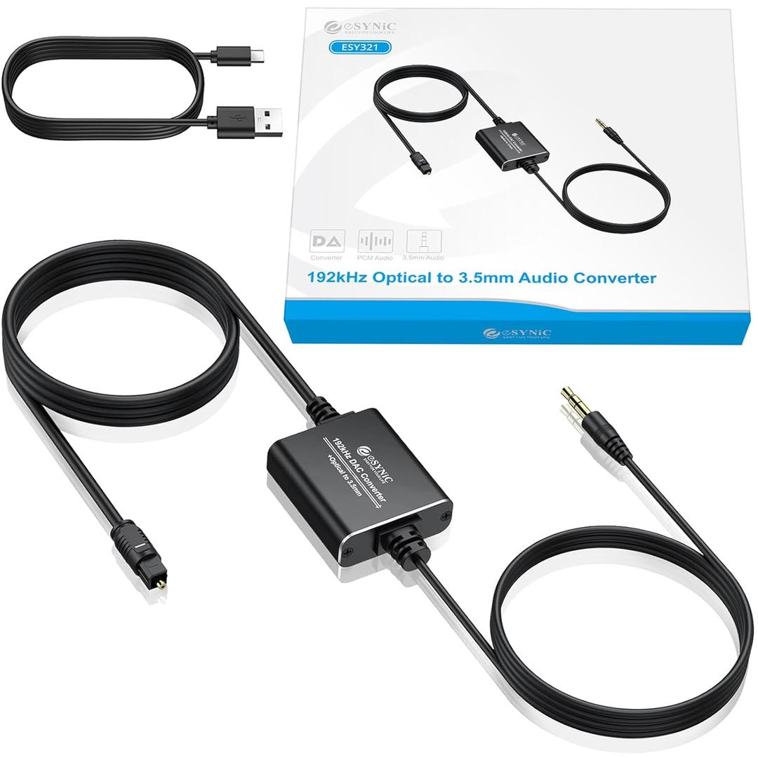 eSynic 192kHz DAC Converter 2M/6FT Cable Long Optical to 3.5mm Adapter Aluminum Alloy Shell from HDTV/Blu-Ray/Gaming Console to 3.5MM Audio Speaker [Can Not Connect Soundbar] [No Surround Sound] (Portable)