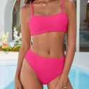ANRABESS Womens Bikini Sets, High Waist Tummy Control Swimsuits,Ribbed Textured 2 Piece Bathing Suits,Cheeky Beach Swimwear (Pink, M)