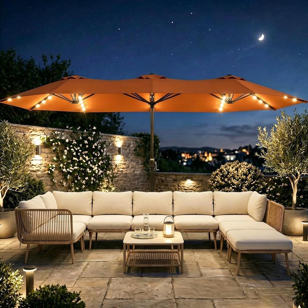 15FT Large Outdoor Patio Umbrella with Solar Lights and Base, Double-Sided Table Umbrellas with 48 LED Lights, Rectangle Market Umbrella for Pool, Deck, Backyard