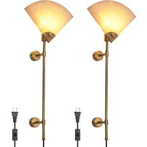 Alabaster Plug in Wall Sconce Set of Two, Natural Marble Wall Light, Wall Mounted Lamp with Plug in Switch E26 Base,Modern LED Wall Lamp for Living Room Dining Room Stairs Bedroom (Brushed antique copper)