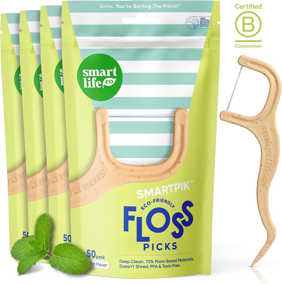 SmartLifeco Eco-Friendly Dental Floss Picks (200ct) - Flossers Made with Straw Wheat Blend, Superior Anti-Shred Thread for Tight Gaps, Tooth Pick Stick for Adults, Soft on Gum & Teeth, Vegan, Mint (1 Count (Pack of 200))