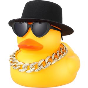 Honoson 6.89 Inches Large Rubber Duck Funny Giant Rubber Duck with Hat and Sunglasses Big Squeaky Duckling Car Ornaments Duckling for Dashboard Decorations Bath Toy(Yellow)