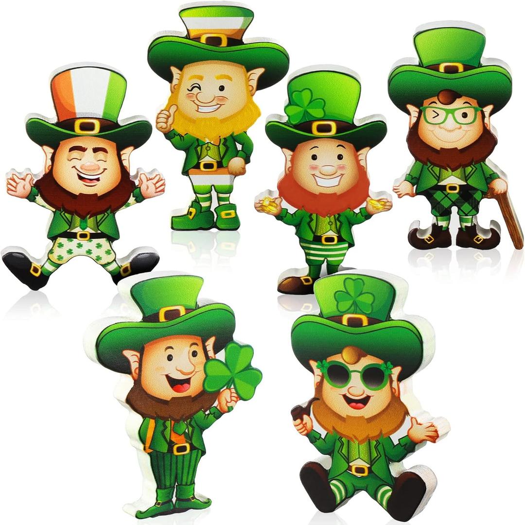 Haull 6 Pcs St. Patrick's Day Leprechaun Figurines Wooden Table Decorations Little Leprechaun Figurine Small Whimsical Irish Shamrocks Sign Gift for St. Patrick's Day Office Desk Home Party Supplies