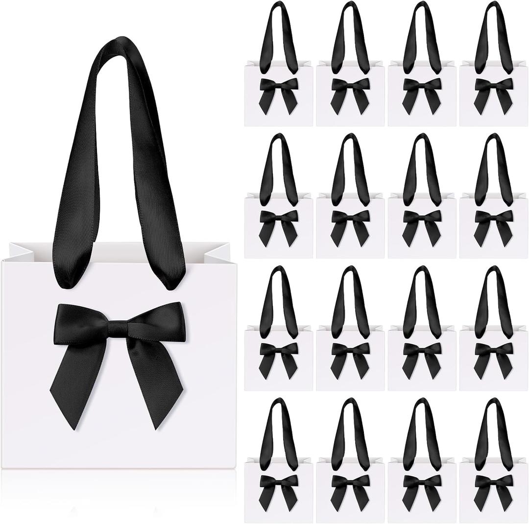 Kolldenn 50 Pcs No DIY Small Gift Bags with Black Bow Ribbon 4''x2.7''x4.5'' Mini White Paper Thank You Bags Bulk with Handle for Baby Shower Wedding Party Favor Birthday Return Guests