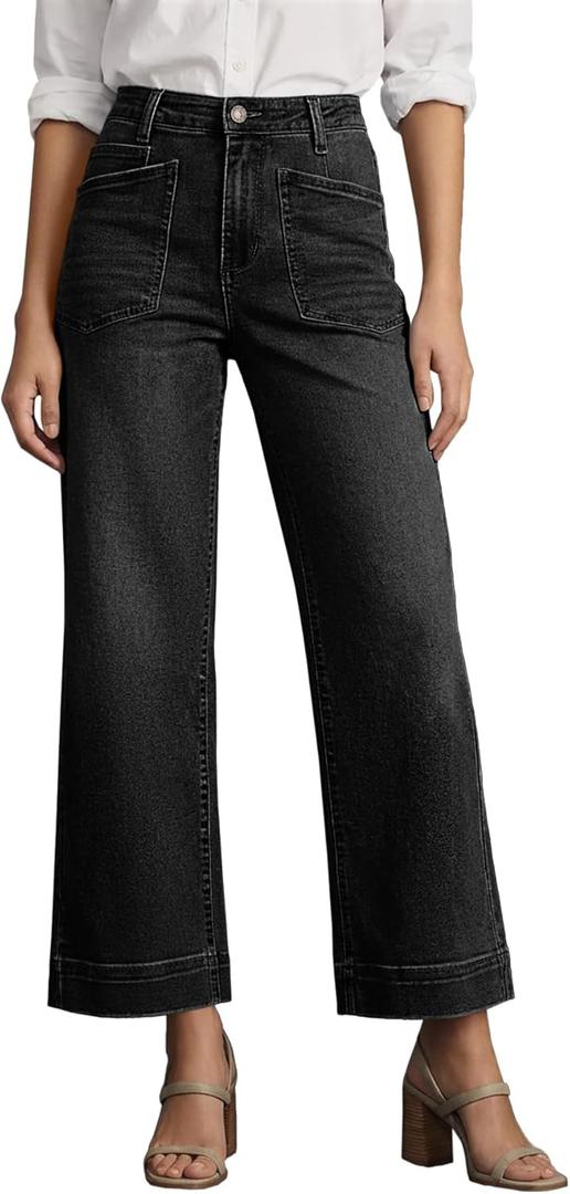Cicy Bell Womens Cropped Wide Leg Jeans Stretchy High Waisted Trendy Baggy Denim Ankle Pants with Pockets (10, Black)