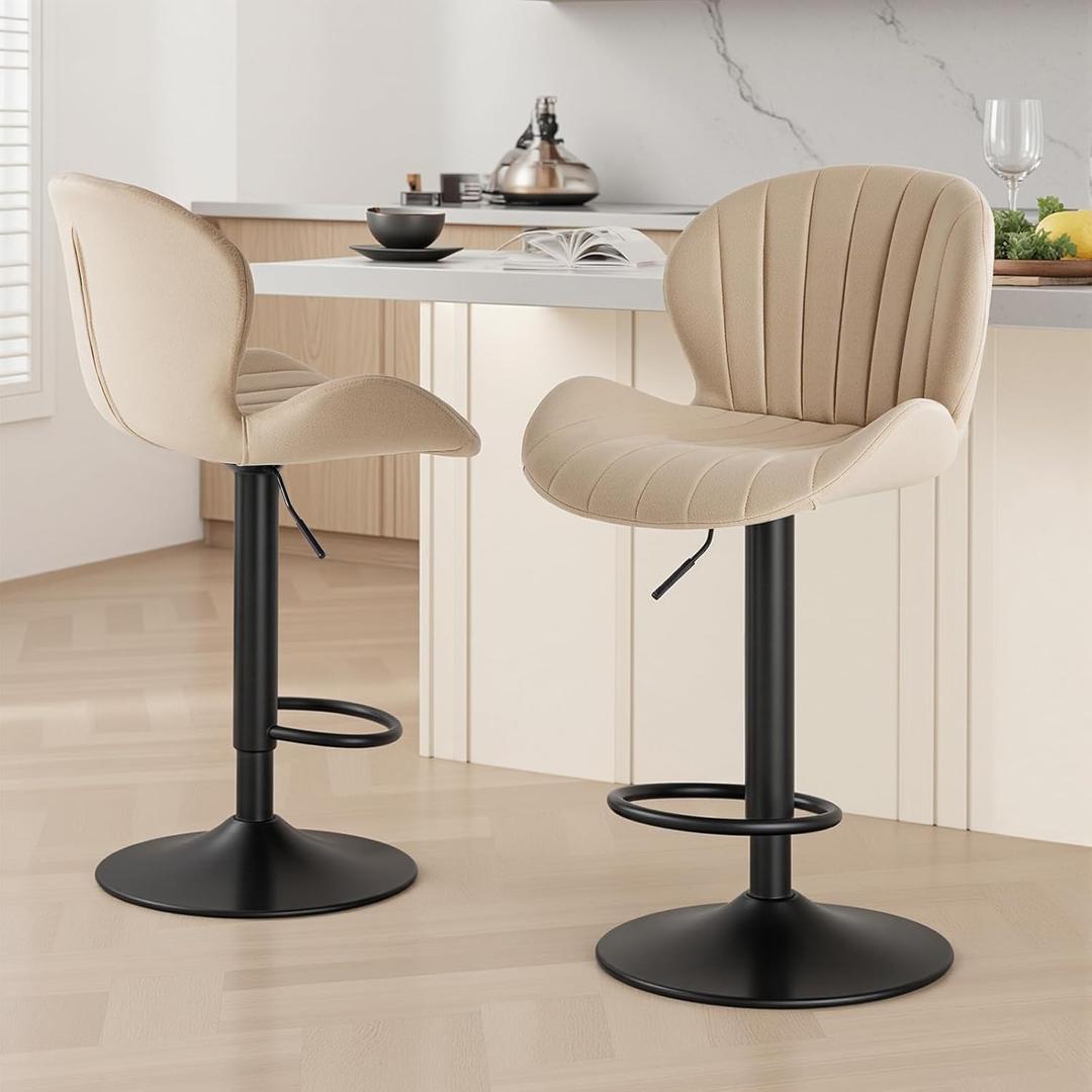 Sweetcrispy Bar Stools Set of 2, Modern Swivel Bar Chairs, Adjustable Fabric Upholstered Barstools Counter Height with Backrest for Bar, Kitchen Island, Dining Room, Beige