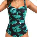 Tempt Me Women Ruched Slimming One Piece Swimsuits Tummy Control Vintage Bathing Suits, XXL,Black Green-Leaves