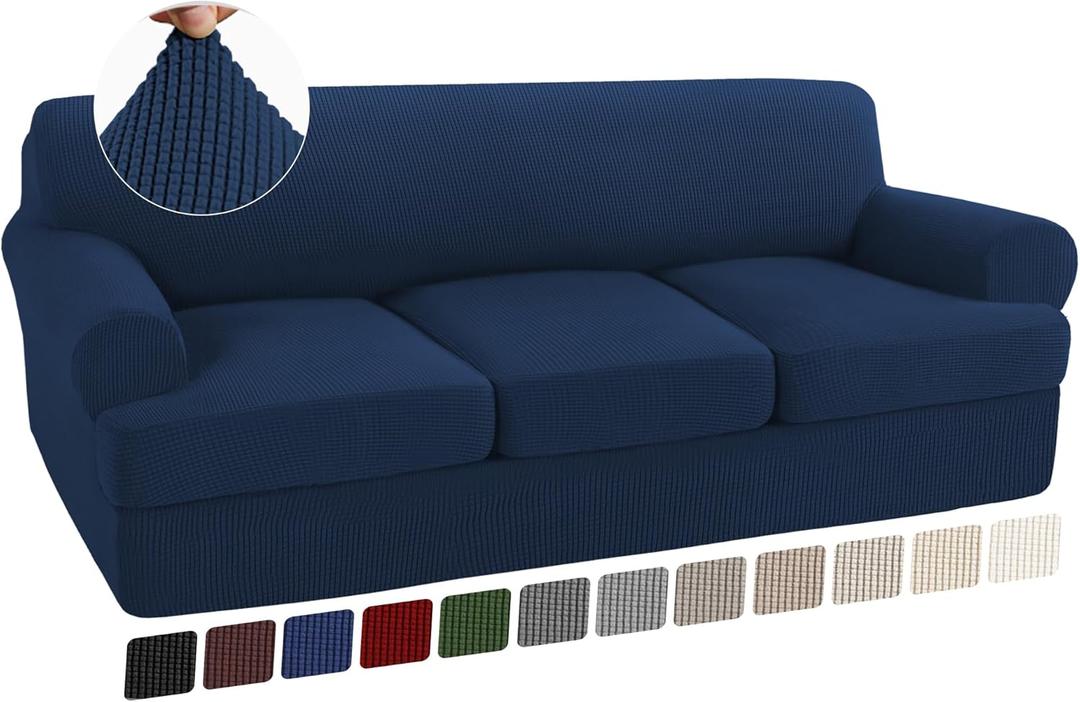 Turquoize 4 Piece T Cushion Sofa Slipcovers Stretch Couch Cover Furniture Covers with 3 Individual T Cushion Covers, Machine Washable (3 Cushion Sofa, Navy)