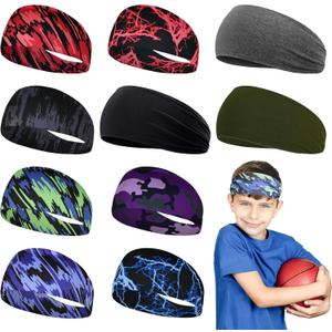 Fumwase 10 Pieces Boys Athletic Sweatbands Headbands 16 inch Elastic Sports Wicking Headbands Breathable Soft Sweatband Head Wrap for Basketball Football Cycling Running