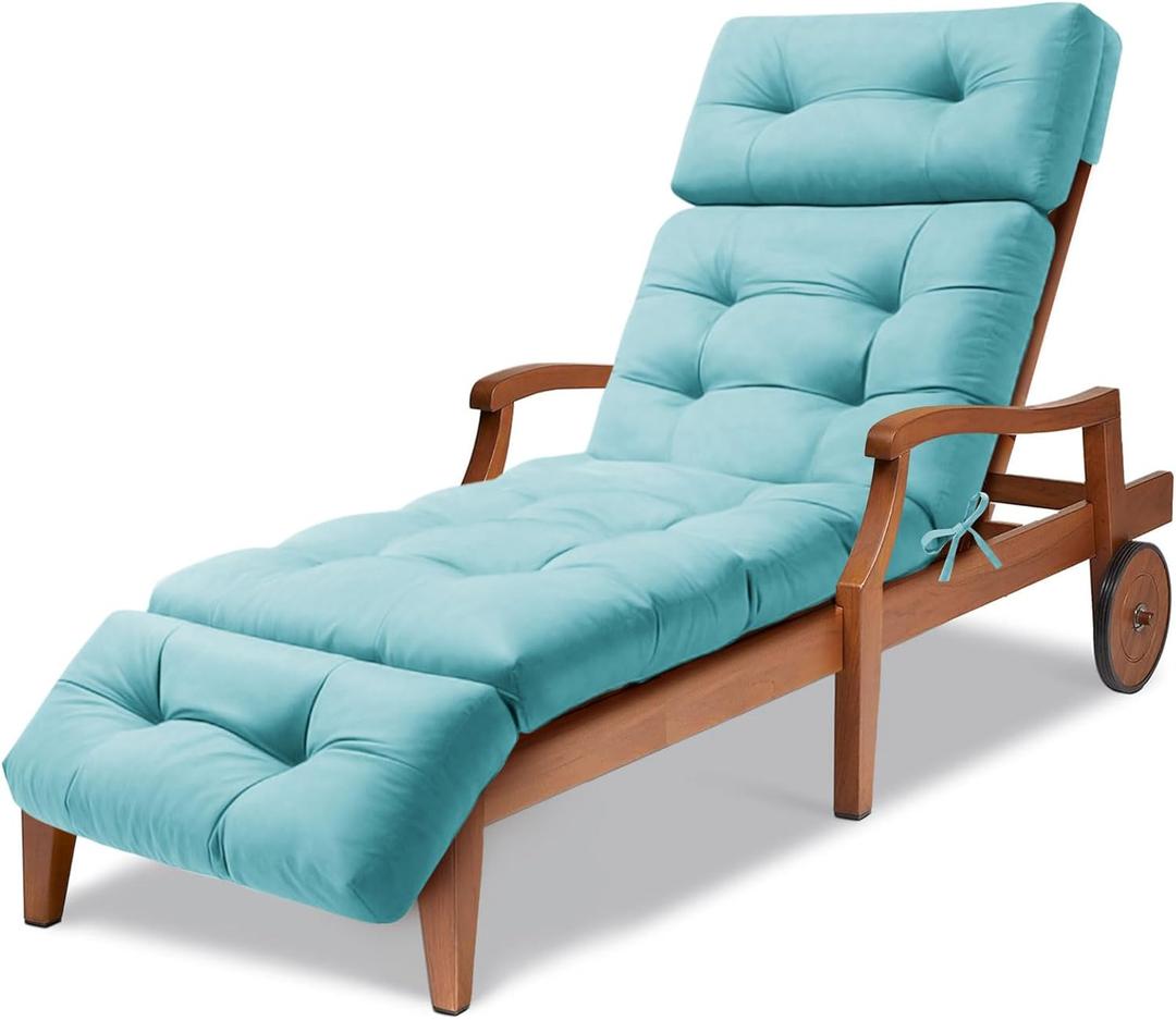 Waterproof Long Lounger Chair Cushion Outdoor Chaise Lounge Chair Cushionswith Ties, Patio Recliner Thickened Lounge Chair Cushions for Indoor 74.4 x 22 x 4.7 Inches, Cushion Only(Lake Blue)
