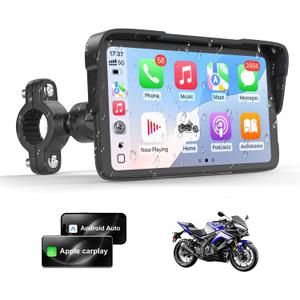 Portable Motorcycle CarPlay HD Touch Screen, Motorcycle GPS Navigation System with Apple Carplay and Android Auto, IP67 Waterproof, Support Tire Pressure settings, Bluetooth, Voice Control, Navigation