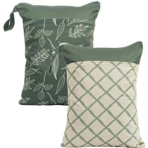 CoolaPeach 2pcs Wet Bags Waterproof Reusable Wet Dry Bag with Two Zippered Pockets Travel Beach Pool Daycare Yoga Gym Bag for Baby Cloth Diaper,Swimsuits,Wet Clothes (Leaves & Grids)