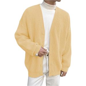Floerns Men's Casual Long Sleeve Button Front V Neck Rib Knit Cardigan Sweaters (Large, Light Yellow)