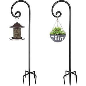 Artigarden Outdoor Shepherd Hooks 76 inch Tall for Bird Feeder (2 Packs), Adjustable Metal Garden Poles for Hanging Plants Solar Light Lantern, Bright Black