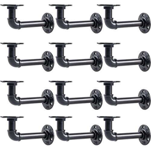 HBLYJS L-Shaped Industrial Pipe Shelf Brackets, Black Metal Wall-Mounted Floating Shelf Supports for 8-14 Inch Plates, Heavy-Duty DIY Rack Supports, Iron Material (12-Pack Black)