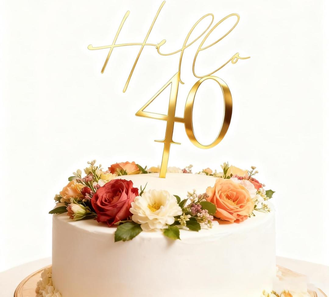 Acrylic Gold Hello 40 Cake Topper, 40th Birthday Cake Side Decoration, Forty Year Old Happy Birthday Cake Charm Cake Decor for 40th Anniversary Party Supplies