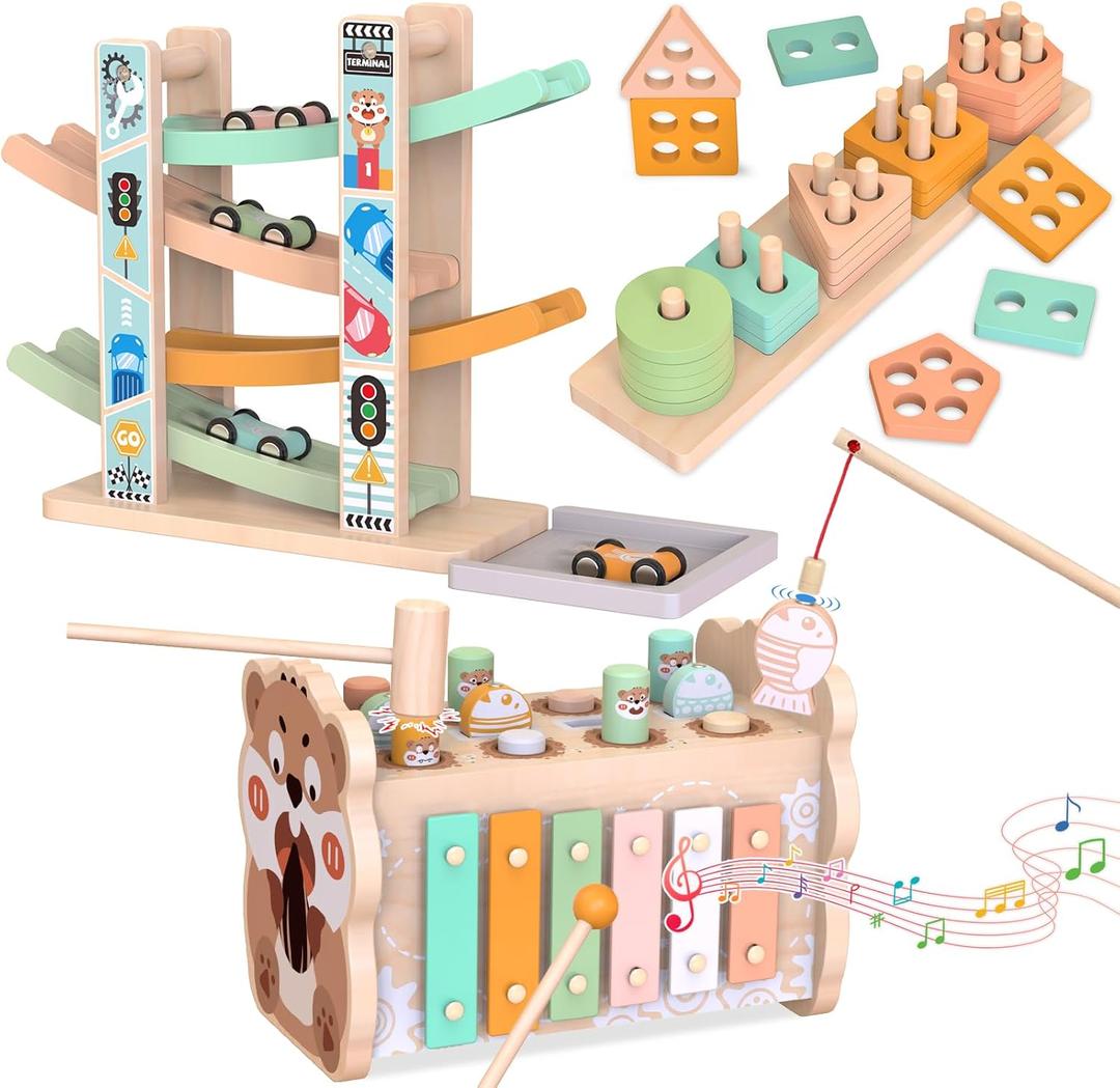 Wooden Montessori Toys for 1 Year Old, Pounding Hammering Toy with Xylophone & Fishing Game, Car Ramp Toy, Stacking Blocks & Shape Sorter 3 in 1 Wooden Toddler Toys 1 2 3 for Christmas Easter Gifts