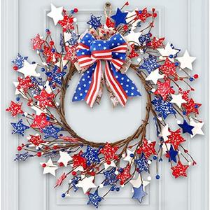 Enhon 24 Inch 4th of July Wreath, Large Patriotic Wreath for Front Door, Red White Blue Wooden Star with Bow Patriotic Decorations for Memorial Day American Independence Day