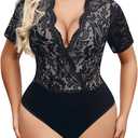 Avidlove Women Lace Bodysuit Lingerie Tops Sexy Deep V Bodysuit Tops One Piece Body Suit Short Sleeve S-XXXL (Large, Black-(with Lining))
