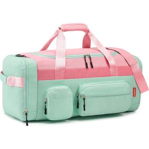 WOOMADA Kids Duffle Bag for Boys or Girls, Weekender Overnight Bag with Shoe Compartment & Wet Pocket Perfect For School, Sports, Overnight Trips(Pink Green)