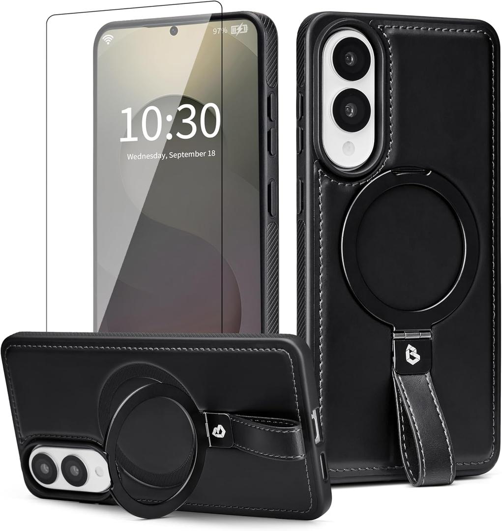for Samsung Galaxy S25 Edge Case Leather with Stand, Anti-Slip Shockproof Loop, Compatible with MagSafe, Magnetic Protective Galaxy S25 Edge Leather Case (Black, S25 Edge-6.7inch)