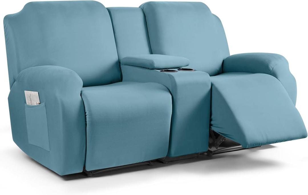 TAOCOCO Reclining Loveseat with Middle Console Slipcover, 4 Piece Polyester Fabric Stretch Loveseat Recliner Sofa Covers, Soft Washable Furniture Protector (Aqua Blue, 2 Seater with Console Cover)