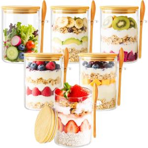 6 Pack Overnight Oats Containers with Lids and Spoons, 16oz Glass Jars with Bamboo Lids, Airtight Meal Prep Yogurt Containers for Breakfast, Parfait, Salad, Chia Pudding