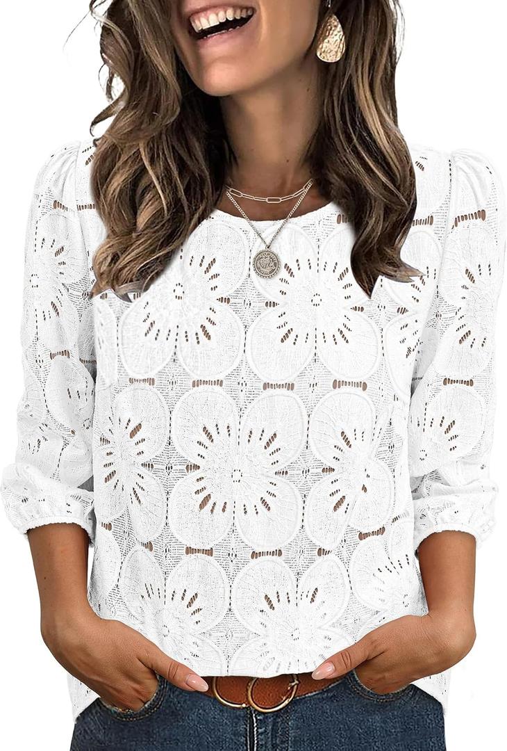 Sampeel Women Blouses Dressy Casual 3/4 Length Sleeve Tops Eyelet Lace Spring Summer Shirts Beach Vacation Clothes (White, L)
