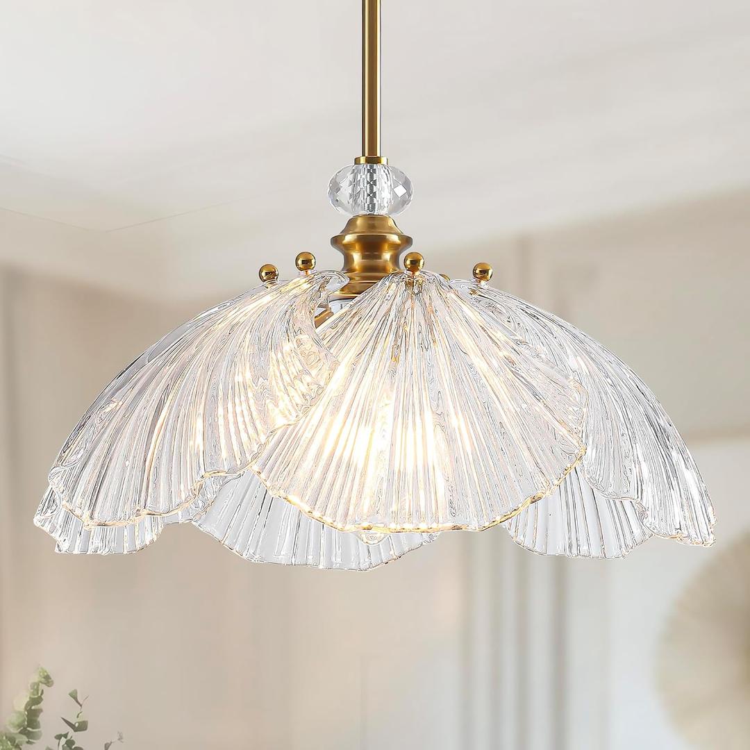 6-Petal White Floral Glass Pendant Light Fixture - Vintage Shell Flower Chandelier with Gold Finish for Kitchen Island Dining Room Bedroom