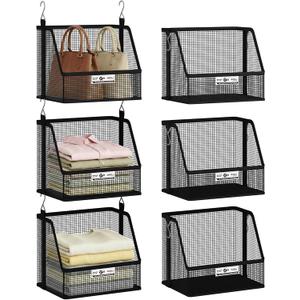 STORAGE MANIAC 3 Tier Hanging Closet Organizer with Mesh Baskets, Clothes Hanging Shelves, Foldable Stackable Storage, Space-Saving Collapsible Basket with Hooks for RV, Dorm, Bedroom, College, Black