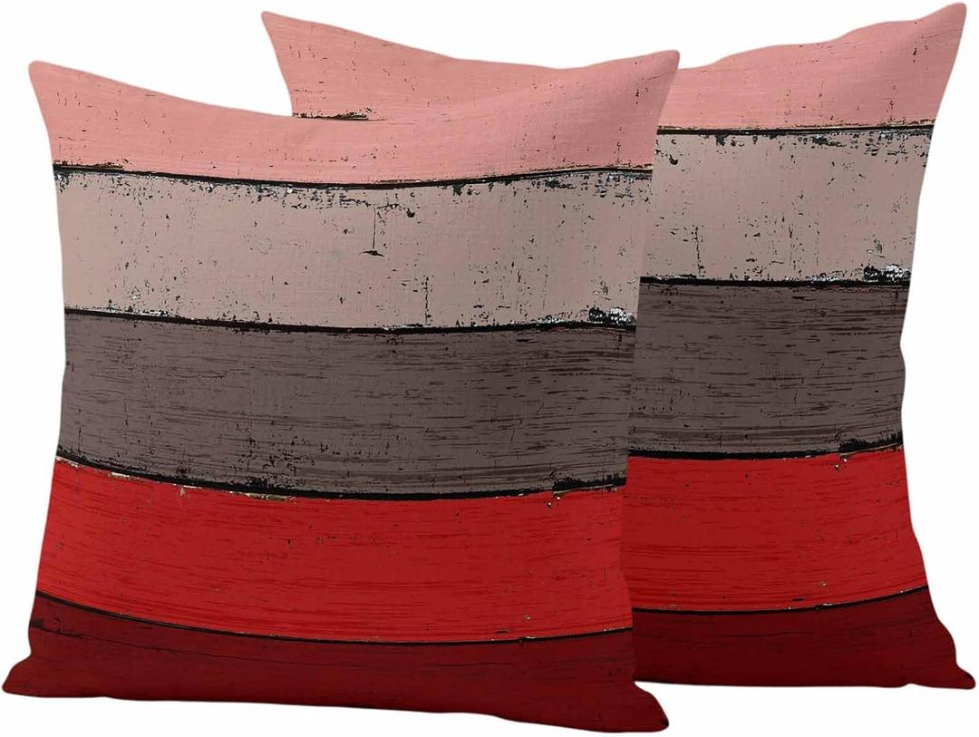 Outdoor Throw Pillow Covers 18X18 Set of 2 Waterproof Ombre Christmas Red Brown Decorative Zippered Cushion Covers for Patio Furniture, Farmhouse Retro Rustic Barn Wood Texture Lumbar Pillowcases