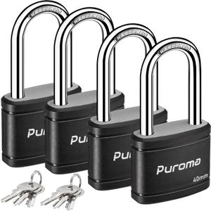 Puroma 4 Pack Keyed Padlock with 6 Keys Alike, 1.8 Inch Locker Lock 40mm Heavy-Duty Locks for Gate Fence Hasp Cabinet Toolbox School Gym Locker (Black)