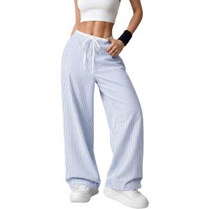 OPOIPIN Women's Striped Wide Leg Pants High Waisted Elastic Waist Casual Lounge Trousers with Pockets (Blue)