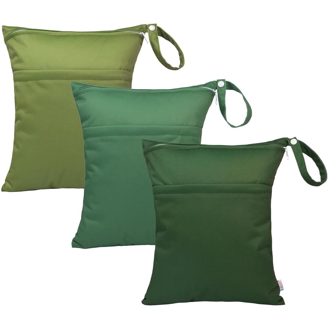 ALVABABY 3pcs Baby Cloth Diaper Wet/Dry Bags|Waterproof Reusable with Two Pockets|Travel, Beach, Pool, Daycare, Soiled Baby Items,Yoga,Gym Bag for Swimsuits or Wet Clothes 3L-ZM09 (Green theme)