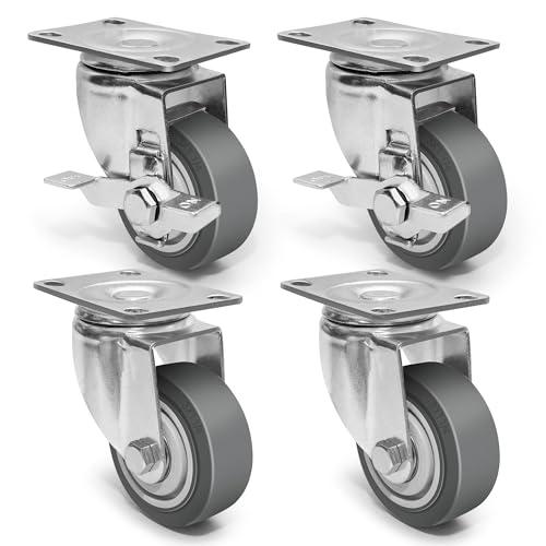 ZDNEY 3 Inch Caster Wheels - Set of 4 Heavy Duty Rubber Castors With Brake 1200Lbs, Silent Industrial Plate Casters for Cart Furniture Workbench (2 Brake & 2 Swivel)