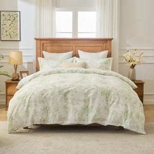 kingrest 100% Cotton King Duvet Cover Set - 3 Piece Soft & Breathable Bedding Set, Lightweight Comforter Cover with Zipper Closure, 16" Deep Pocket,(Green Leaves)