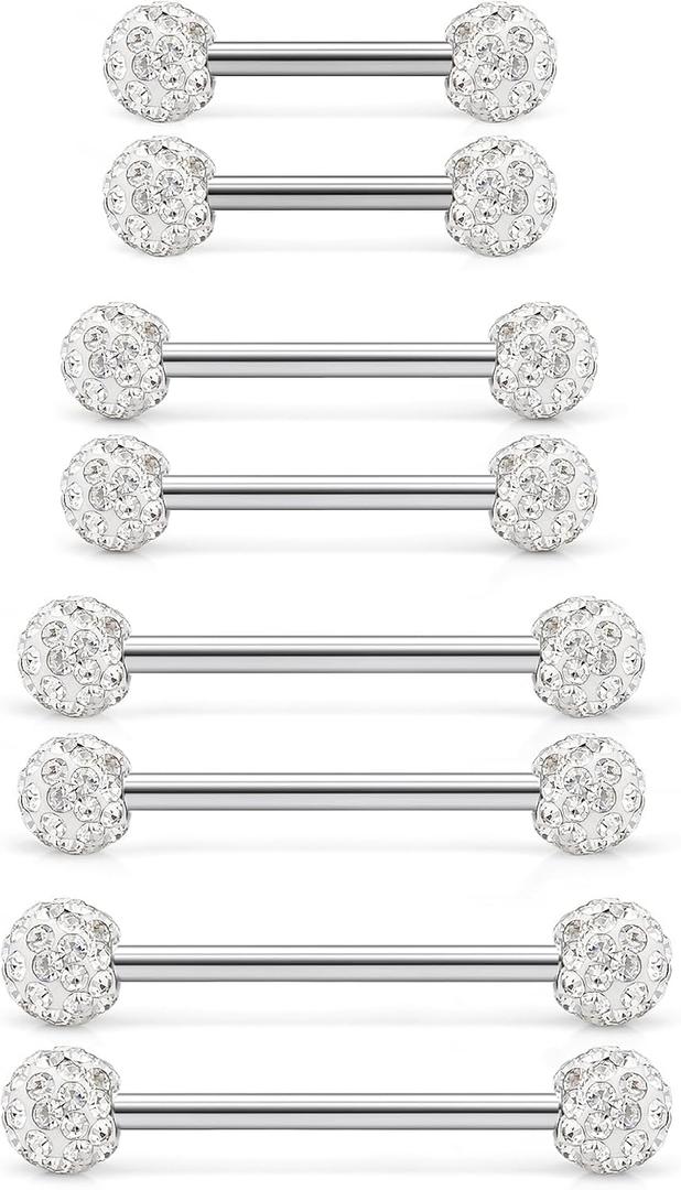 16G 14G CZ Nipple Piercing Jewelry Tongue Rings Hypoallergenic 316L Surgical Steel Nipple Tongue Barbell Piercing Jewelry for Women Men 12mm 14mm 16mm 19mm Bars Silver Tone