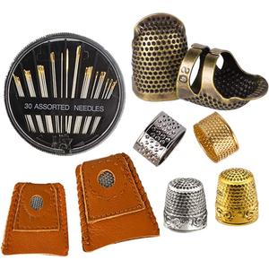 8 Pcs Thimble + 30 Pcs Sewing Needles, Finger Protector Fingertip Adjustable Metal Bronze Rings and Leather Coin Thimble for Needlework, Hand Embroidery Craft (Upgraded Set)
