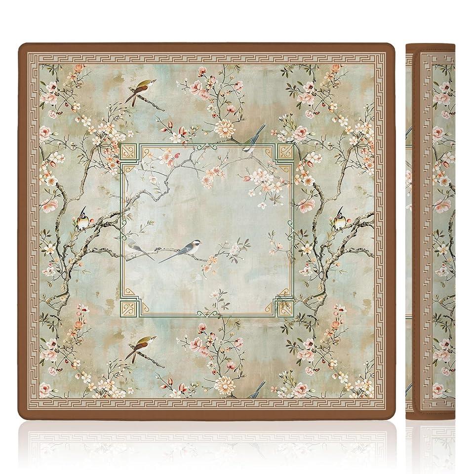LZYRF Vintage Chinoiserie Cherry Blossom Mahjong Mat 31.5 x 31.5 in, Cottagecore Botanical Floral Bird Anti Slip and Noise Reduction Game Table Cover for Mahjong Dominoes Card Board Tile Games