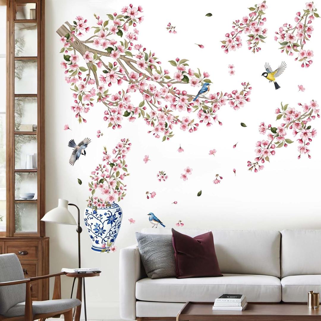 Cherry Blossom Wall Decals for Bedroom: Peel and Stick X-Large Pink Flower Bird Tree Branch Wall Stickers - Living Room Bathroom for All Adult