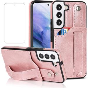 NKECXKJ Design for Samsung Galaxy S22 5G Phone Case with Screen Protector Adjustable Wrist Strap Kickstand Credit Card Slot Slim Shockproof Hybrid Rugged Protective Cover for Women 6.1 inch Rose Gold
