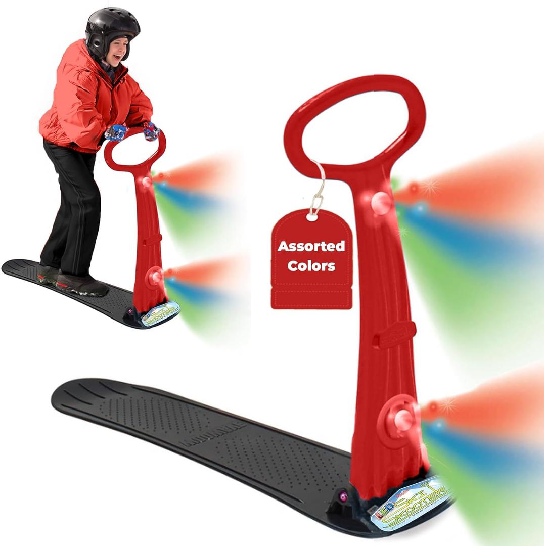 Geospace Winter Fun Foldable Snow Scooter, Ski Skooter, Snow Sled Kids Snowboard Multi-Purpose Snow Skate for Ages 8 & Up - Asstd Colors (Red, Blue or Green) (Two LED Lights (Red, Blue or Green))