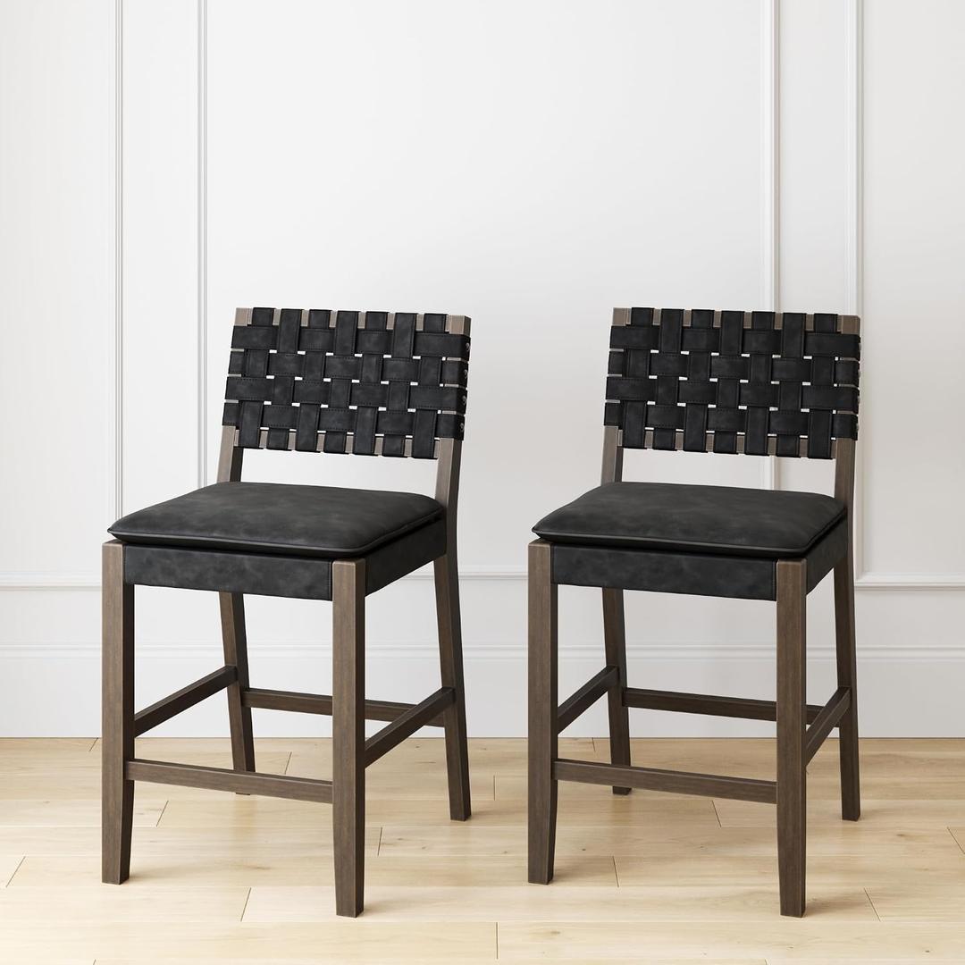 Nathan James Cohen Mid-Century Modern Leather Bar Stool, Counter Height Chair in Solid Wood Frame with Footrest and Woven Leather Back for Kitchen, Black, Set of 2